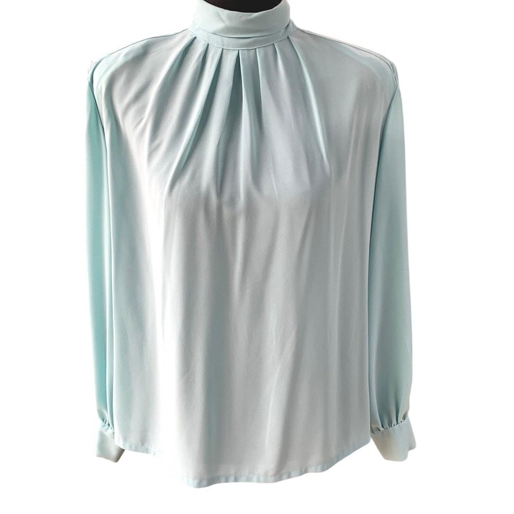 Vintage Pendleton Blouse Women's Petite 10P High Neck Aqua Blue Retro Old Money